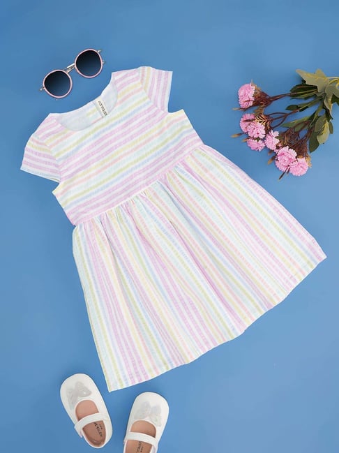Pantaloons Baby Kids Bright White Cotton Striped Dress