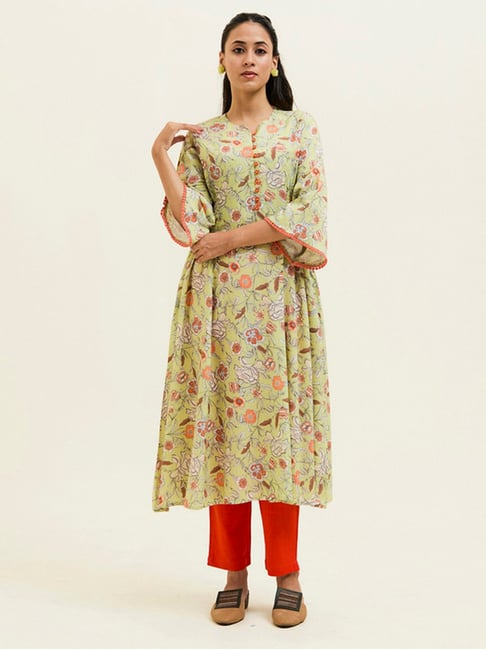Jaipur Kurti Lime Green Floral Print Flared Kurta-picture-25