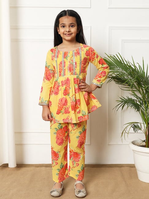 READIPRINT FASHIONS Kids Yellow & Coral Printed Kurti with Pants-picture-14
