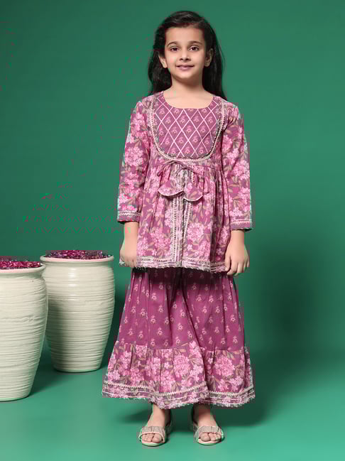 READIPRINT FASHIONS Kids Maroon Floral Print Kurti with Gharara-picture-41