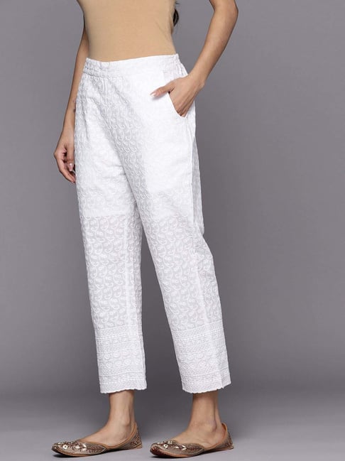 Libas White Cotton Embroidered Pant
