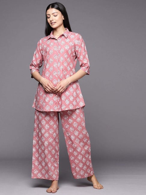 Buy Libas Pink Cotton Printed Tunic Pyjamas Set for Women Online