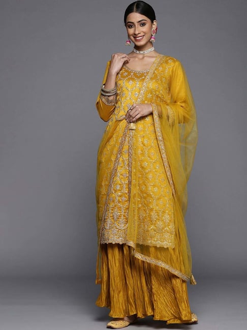 Libas Mustard Embroidered Kurta Sharara Set With Dupatta