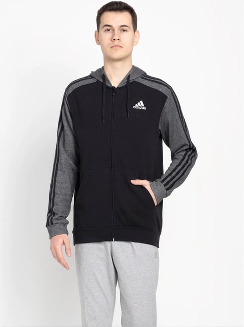 Adidas Black Cotton Regular Fit Colour Block Hooded Jacket