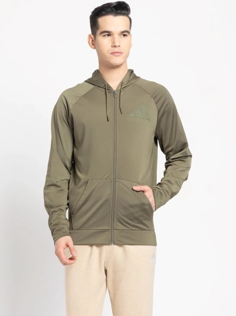 Adidas Green Regular Fit Logo Printed Hooded Jacket