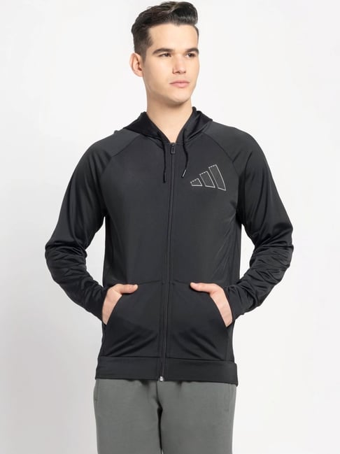 Adidas Black Regular Fit Logo Printed Hooded Jacket