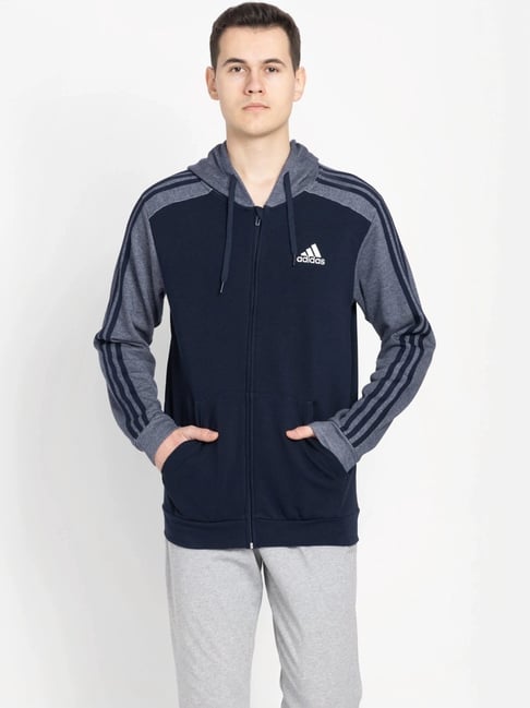 Adidas Blue Cotton Regular Fit Colour Block Hooded Jacket