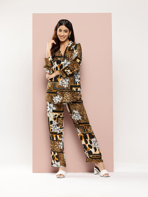 Qurvii Black & Brown Georgette Animal Print Co-Ord Set