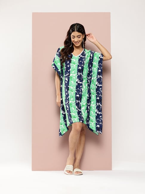 Qurvii Navy & Green Printed A Line Dress-picture-18