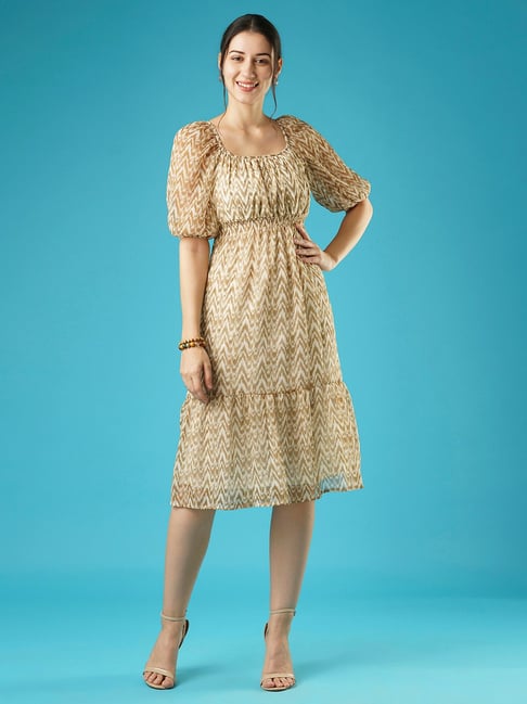 Globus Beige & White Printed Fit & Flare Dress-picture-19