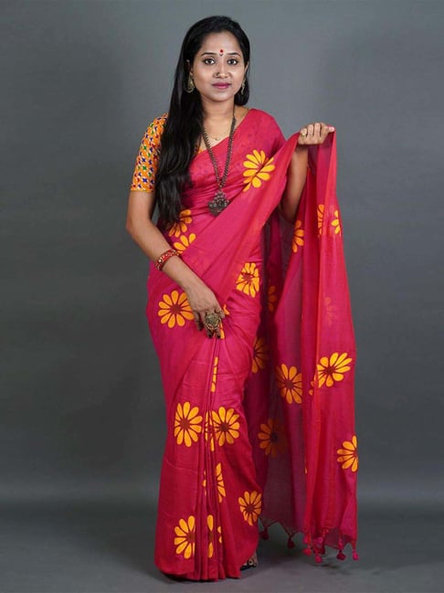 Odette Pink Floral Print Saree With Unstitched Blouse-picture-21