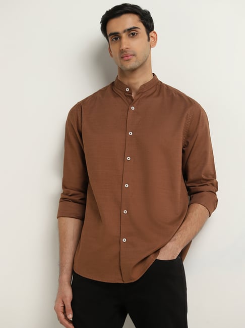 Ascot by Westside Tan Solid Relaxed-Fit Cotton Shirt