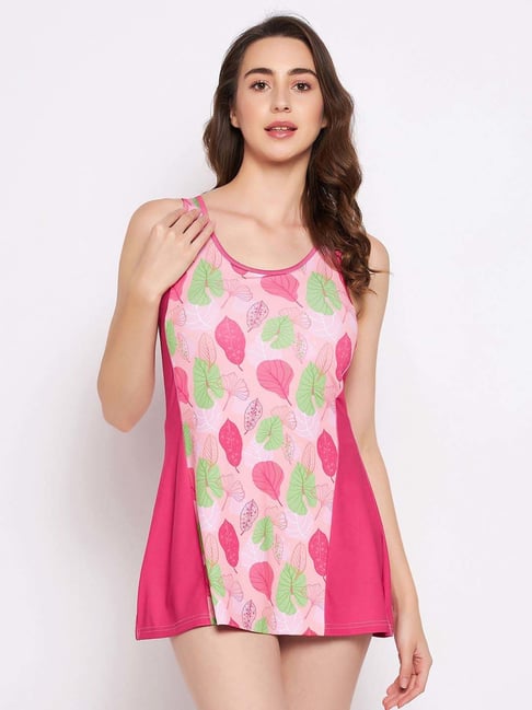 Clovia Pink Printed Swimdress with Attached Shorts