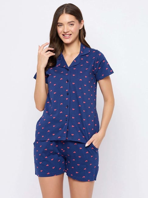 Clovia Navy Cotton Printed Shirt & Shorts Set-picture-30