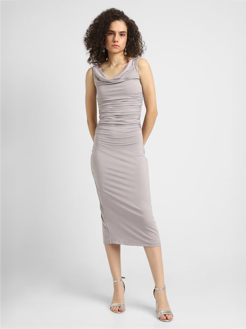 slim fit dress slacks Plus Size Glitter Knit Midi Dress Silver / 3X