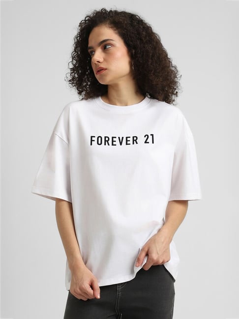 Buy Forever 21 White Cotton Graphic Print T-Shirt for Women Online