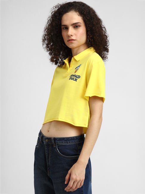 Forever 21 Yellow Cotton Graphic Print Crop Top