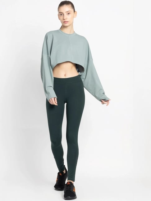 ADIDAS Green Plain Sports Cropped Sweatshirt