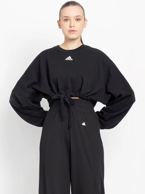 ADIDAS Black Cotton Plain Sports Cropped Sweatshirt
