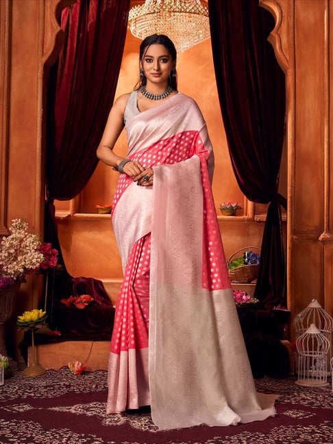 Buy Varanga Pink White Silk Woven Saree With Unstitched Blouse