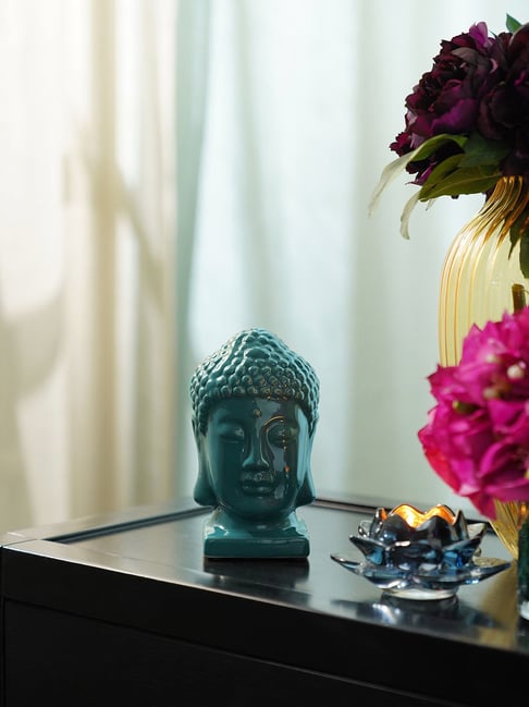 Pure Home and Living Teal Ceramic Buddha Head With Base Sculpture-picture-11