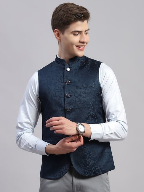 Monte Carlo Teal Regular Fit Embroidered Nehru Jacket
