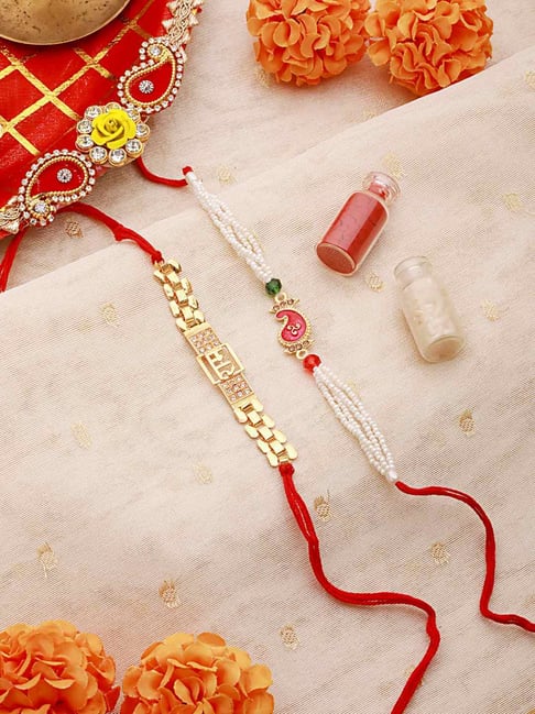 Aatmana Set of 2 Gold Toned Ram & Leaf Shaped Pearl Beaded Rakhi with Roli & Chawal-picture-10
