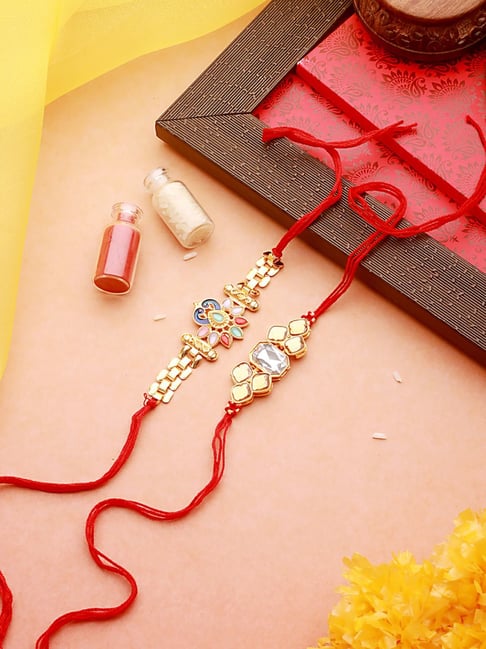 Aatmana Set of 2 Classic Kundan & Enamelled Peacock Chain Thread Rakhi with Roli Chawal