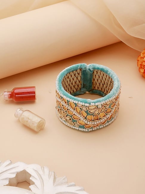 Aatmana Blue & Gold Toned Beads Handwork Bangle Style Tassels Bhabhi Rakhi with Roli Chawal