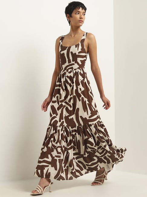 LOV by Westside Brown Abstract Printed Tiered Dress