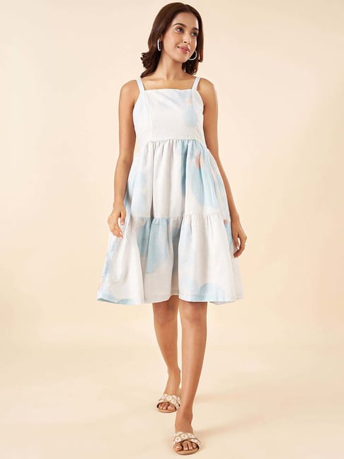 Akkriti by Pantaloons Dream Blue Linen Printed A-Line Dress-picture-16