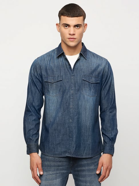 Pepe Jeans Dark Blue Regular Fit Cotton Denim Shirt