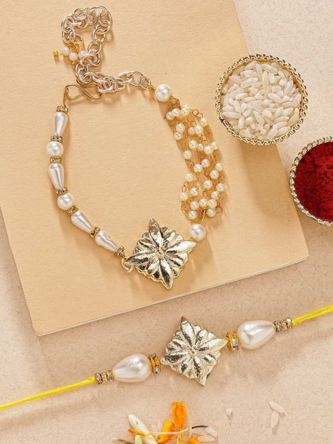 Karatcart Pearl Beaded Floral Design Handmade Kundan Bhaiya Bhabhi Rakhi with Roli & Chawal