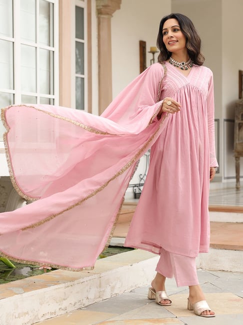 Pheeta Baby Pink Cotton Kurta With Pant Dupatta