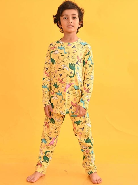 Anthrilo Kids Yellow Cotton Printed Full Sleeves T-Shirt & Trouser