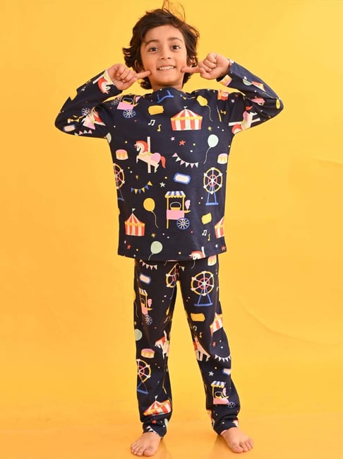 Anthrilo Kids blue Cotton Printed Full Sleeves T-Shirt & Trouser