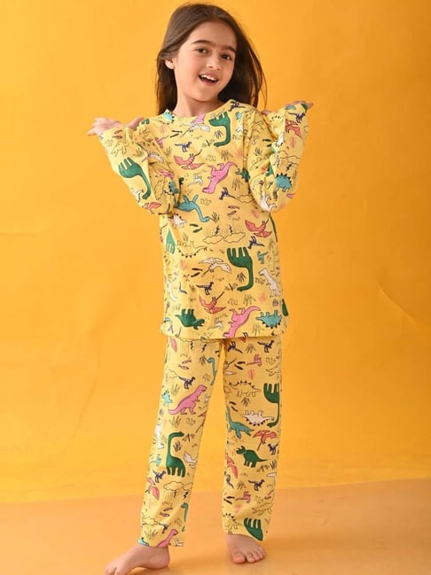 Anthrilo Kids Yellow Cotton Printed Full Sleeves T-Shirt & Trouser