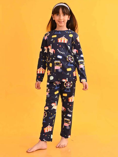 Anthrilo Kids Blue Cotton Printed Full Sleeves T-Shirt & Trouser