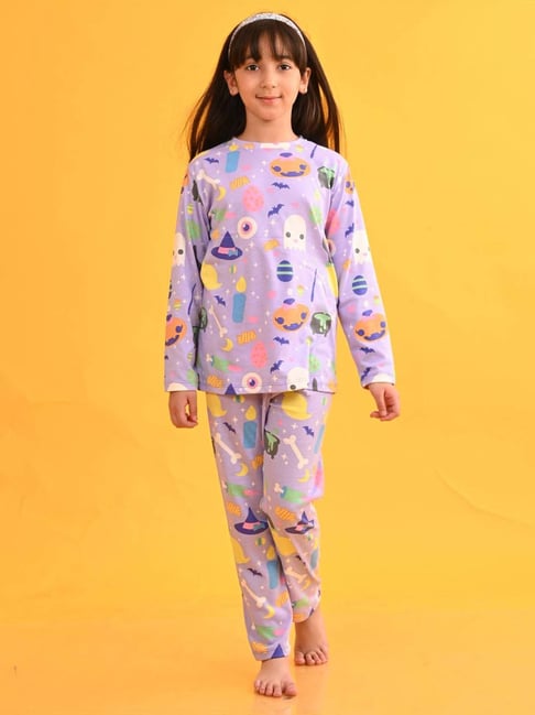 Anthrilo Kids Purple Cotton Printed Full Sleeves T-Shirt & Trouser