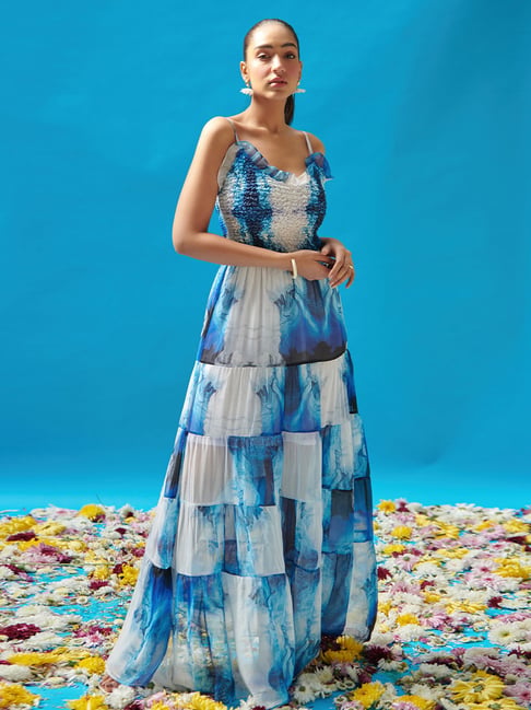 Cin Cin Blue Wave Printed Strappy Long Dress for Women Online @ Tata CLiQ  Luxury