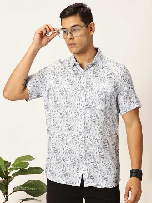 Thomas Scott Light Blue Regular Fit Printed Shirt