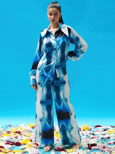 Cin Cin Blue Wave Printed Satin Shirt-picture-25