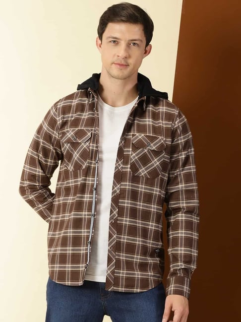 Thomas Scott Brown Slim Fit Checks Shirt