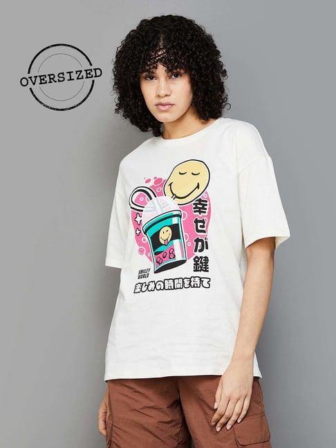 SmileyWorld White Cotton Printed T-Shirt