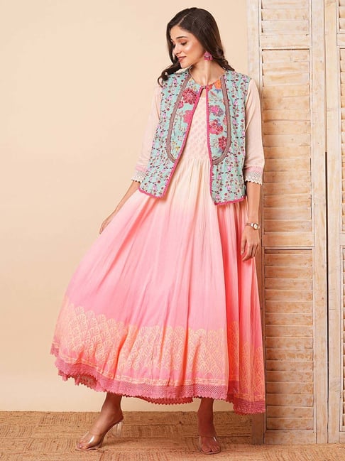 Fashor Pink Cotton Printed Maxi Dress With Jacket