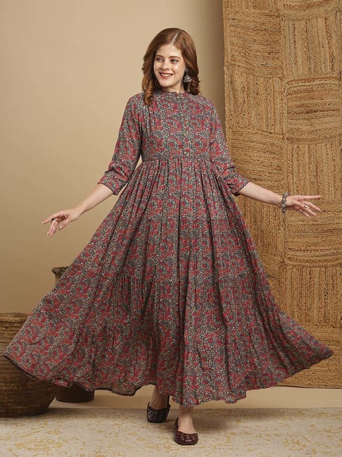 Fashor Blue Maroon Cotton Printed Maxi Dress