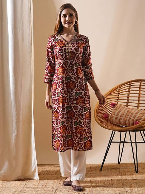 Fashor Maroon Cotton Printed Straight Kurta-picture-19