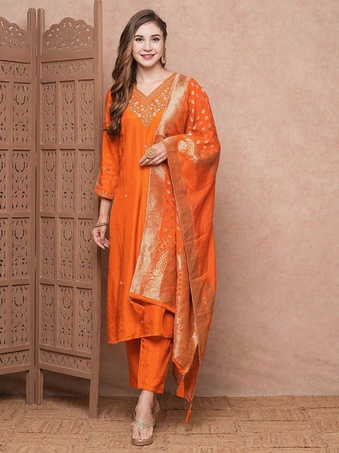 Fashor Orange Embroidered Kurta & Pant Set With Dupatta