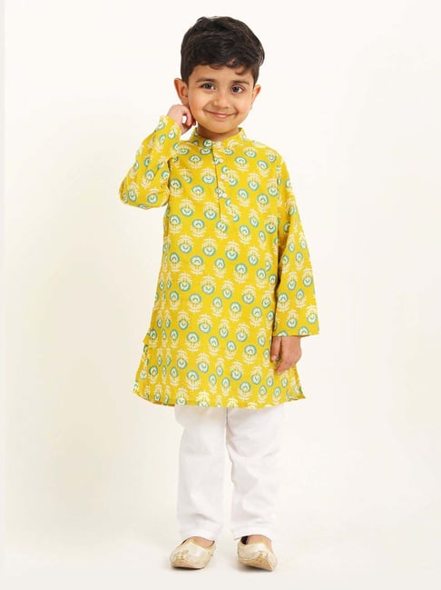 Campana Kids Yellow & White Cotton Printed Full Sleeves Kurta & pyjama-picture-22