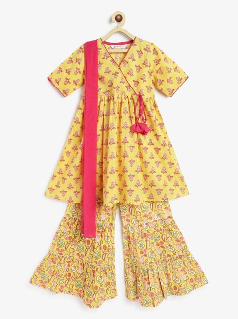 Campana Kids Yellow & Pink Cotton Printed kurti, Sharara & Dupatta-picture-32